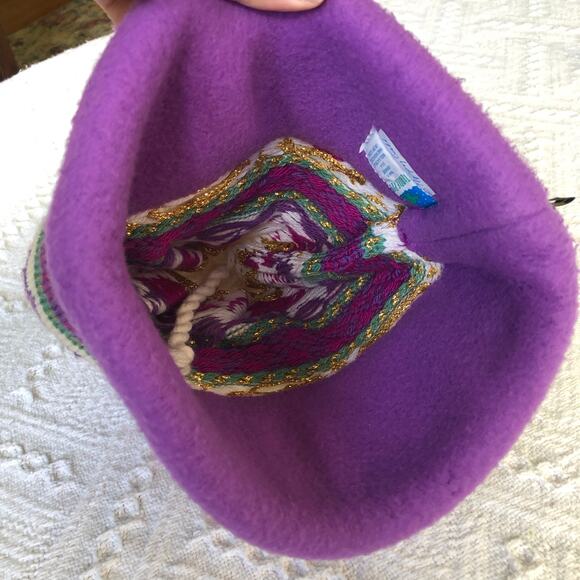 VTG 90s Y2K Turtle Fur Knit Pom Beanie Purple Fair-Isle Wool Blend OS USA Ski - Picture 7 of 10